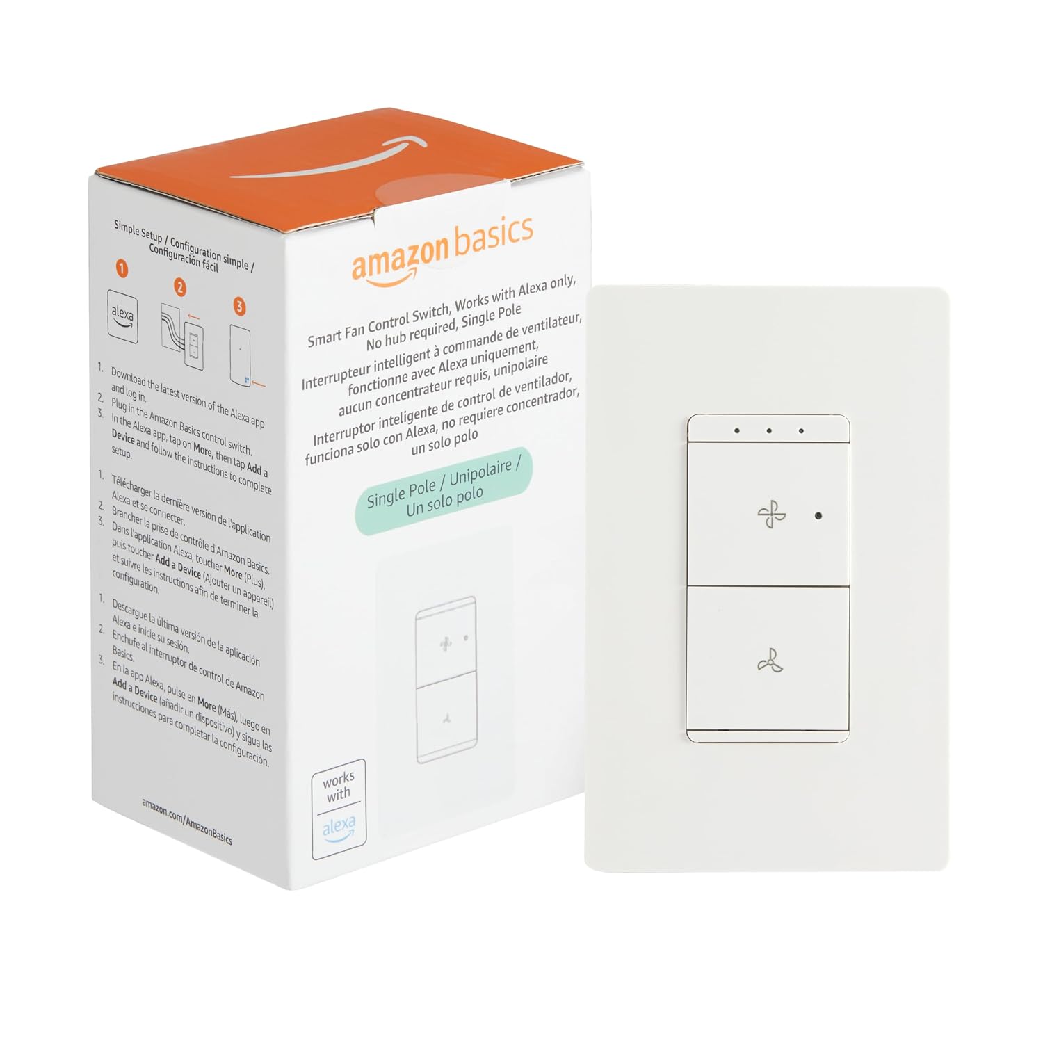 Amazon Basics Smart Ceiling Fan Control Switch, 4-Speed, Single Pole, Voice Control, Compatible with Alexa Only, Control from Anywhere, 2.4 GHz Wi-Fi, No Hub Required, White (Pack of 2)