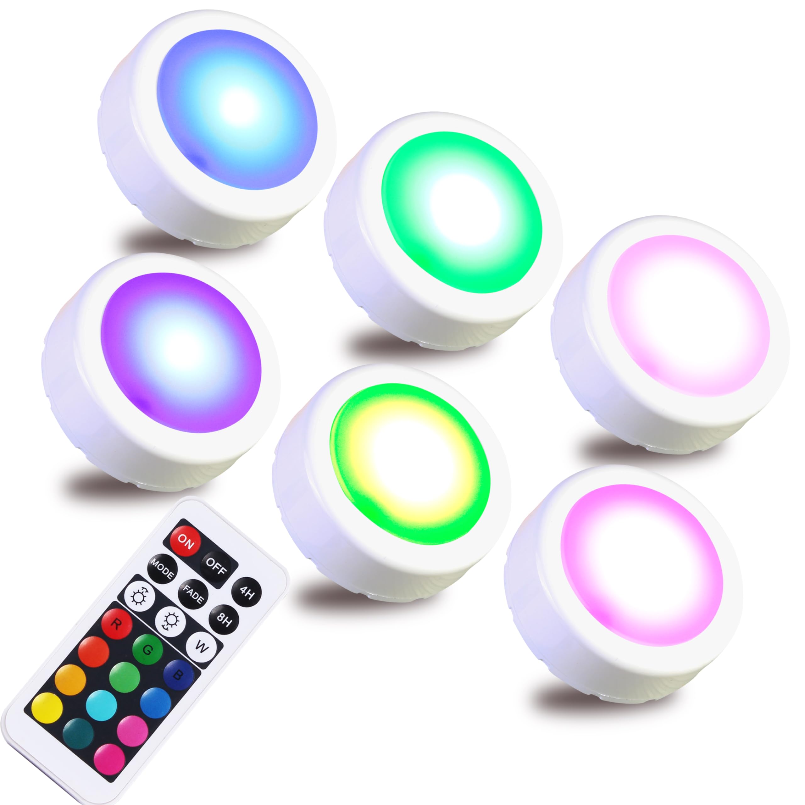 yucanucax 6PACK Mini Remote Control LED Cabinet Light Night Light Puck Light Push Light Sticker Anywhere for Under Cabinet Lighting, Bedroom, Kitchen, Closets, Cabinets, Counters…