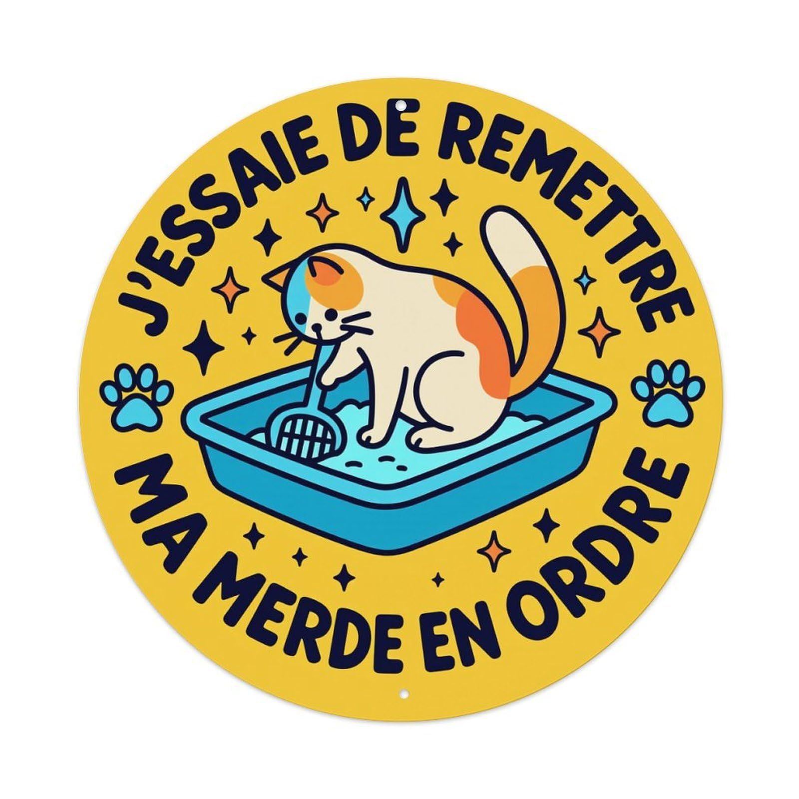 Cat Cleaning Litter Box Paw Prints Round Tin Sign Vintage Metal Poster, Home Bar Garage Man Cave Cafe Indoor & Outdoor Wall Decoration 8x8Inches