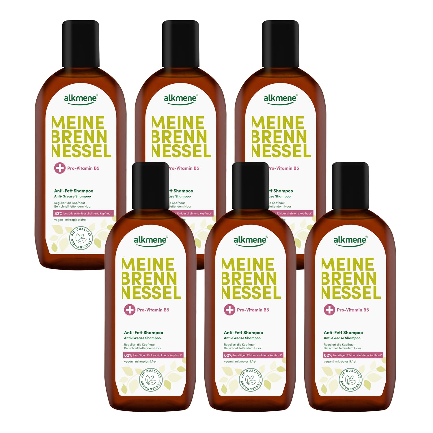 alkmene Champú contra el cabello graso con ortiga, 6 x 250 ml | Champú vegano para el cuero cabelludo graso que reduce la grasa rápida - Enfoque graso