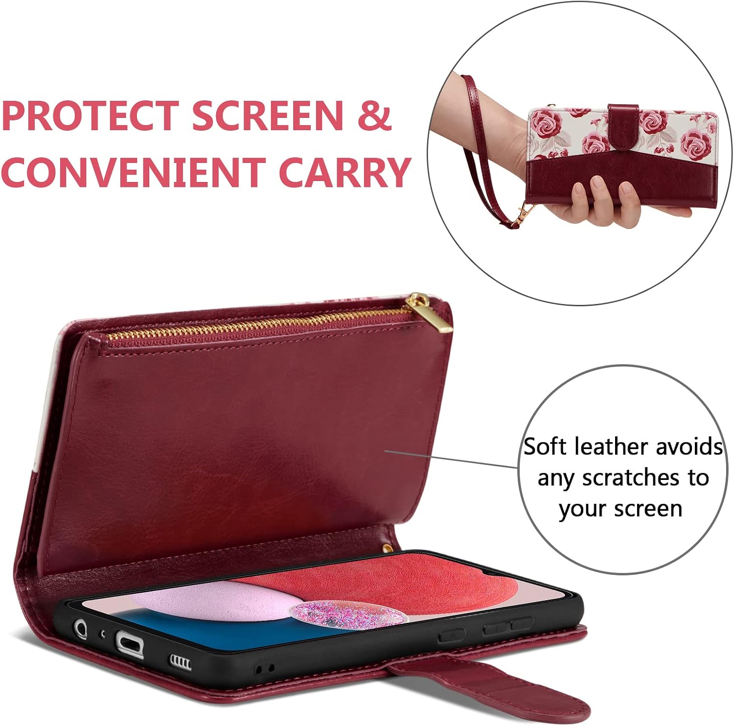 UEEBAI Wallet Case for Samsung Galaxy A13/A04s, PU Leather Magnetic Closure Handbag Zipper Pocket Case Kickstand Card Slots with Wrist Strap TPU Flip Cover for A13 5G/4G - Flower Wine Red