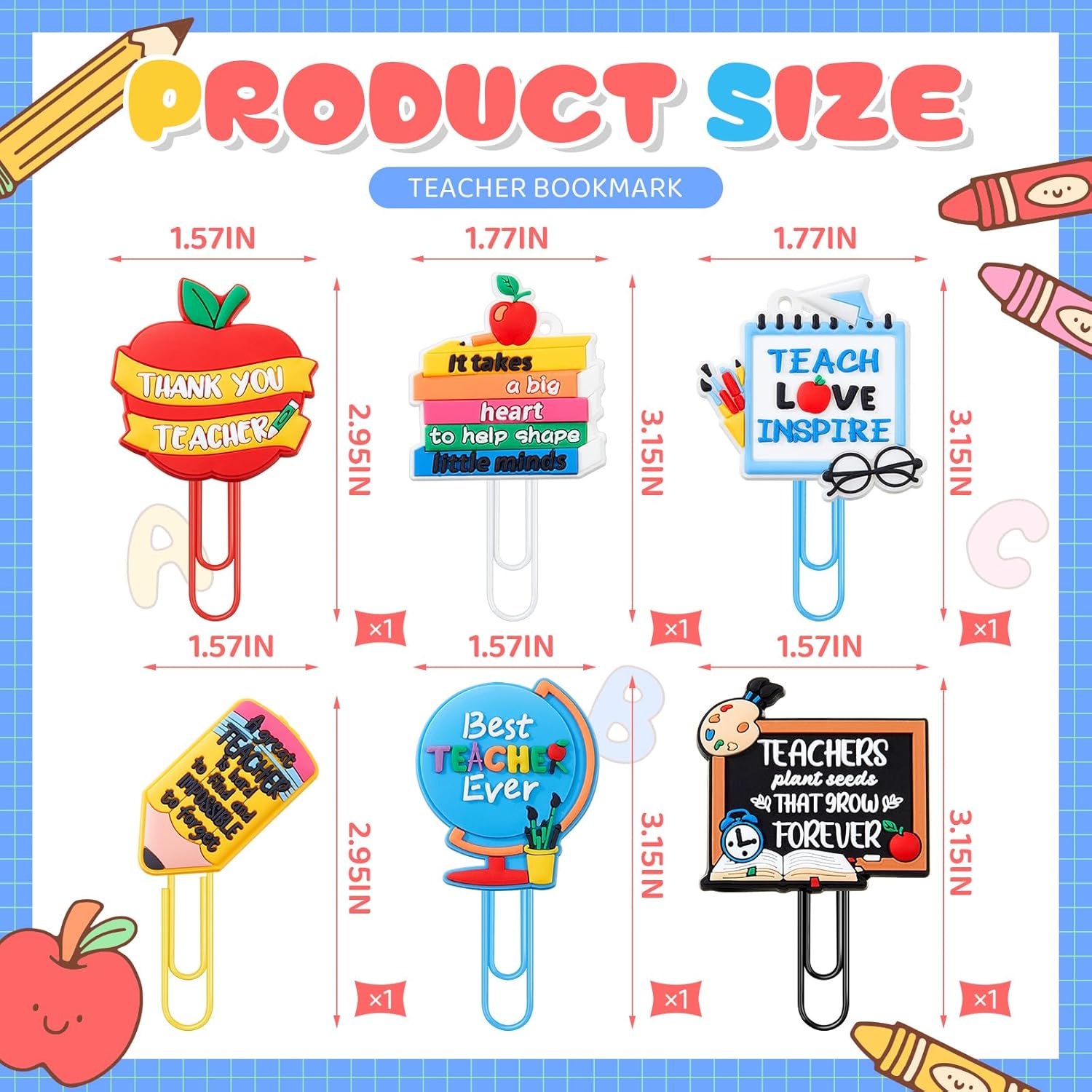 Zomiboo 6 Pcs Teacher Bookmark Gifts - Cute Teachers Paper Clips Bookmarks, Small Thank You Gifts for Teacher Appreciation Week Gift from Students Graduation Back to School Office Classroom Supplies