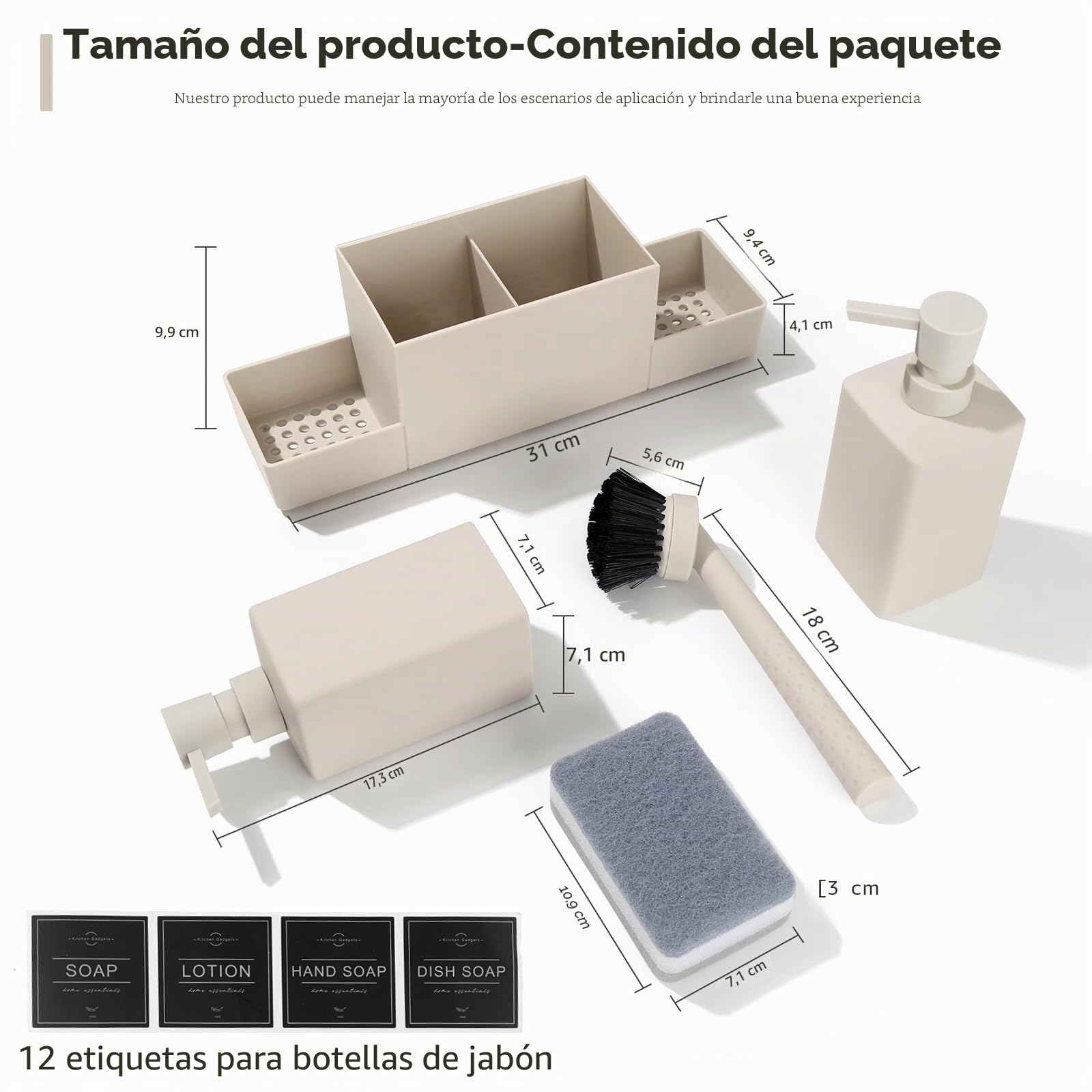 Organizador de fregadero, organizador de cocina, juego de fregadero de plástico con dispensador de detergente, cepillo y esponja para lavar platos, organizador con dispensador de jabón, cepillo de