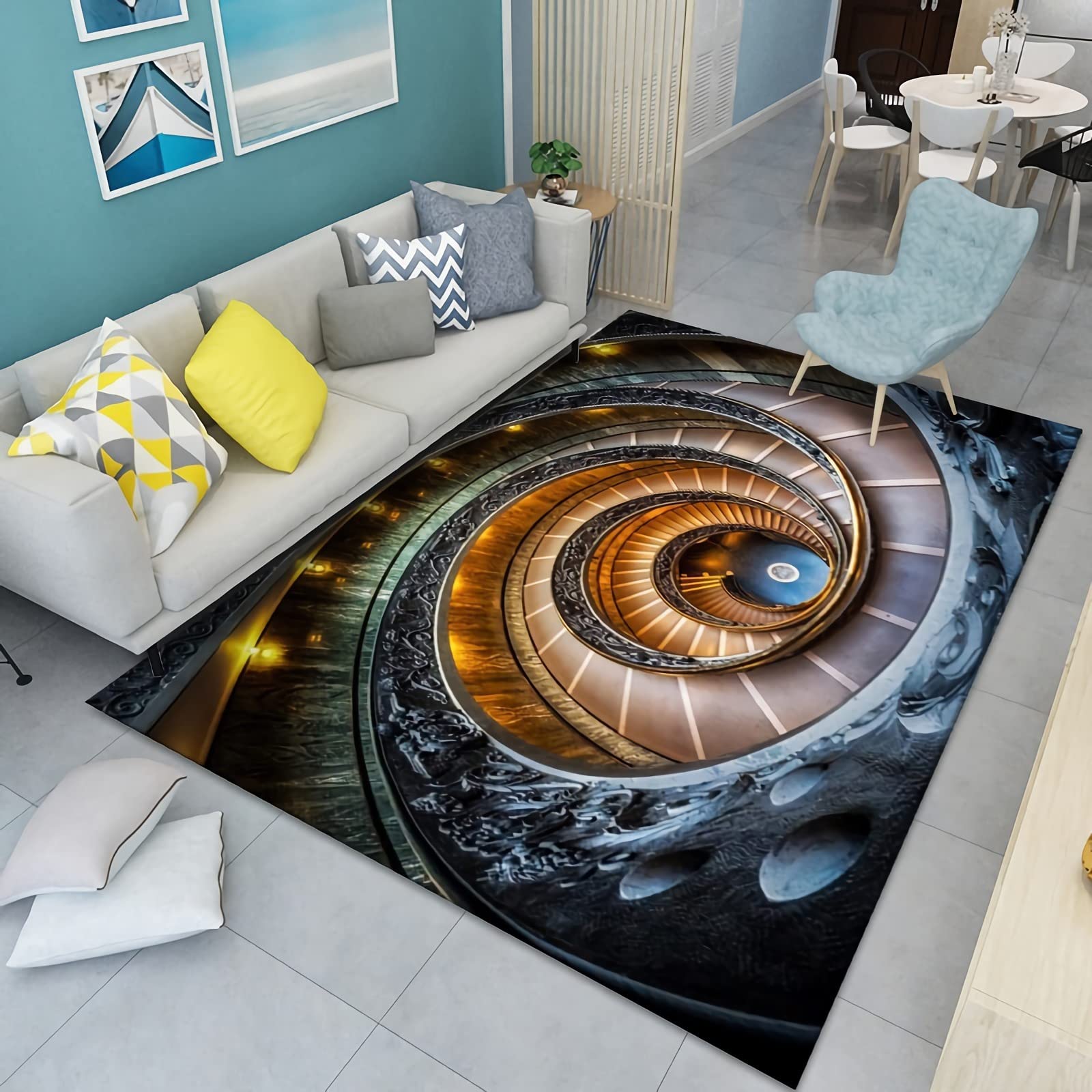Tapis Tapis Descente de lit,Tapis Design Abstrait Bleu Noir Jaune Facile À Nettoyer Tapis de Chambre ado,Industriel Deco 60x90cm