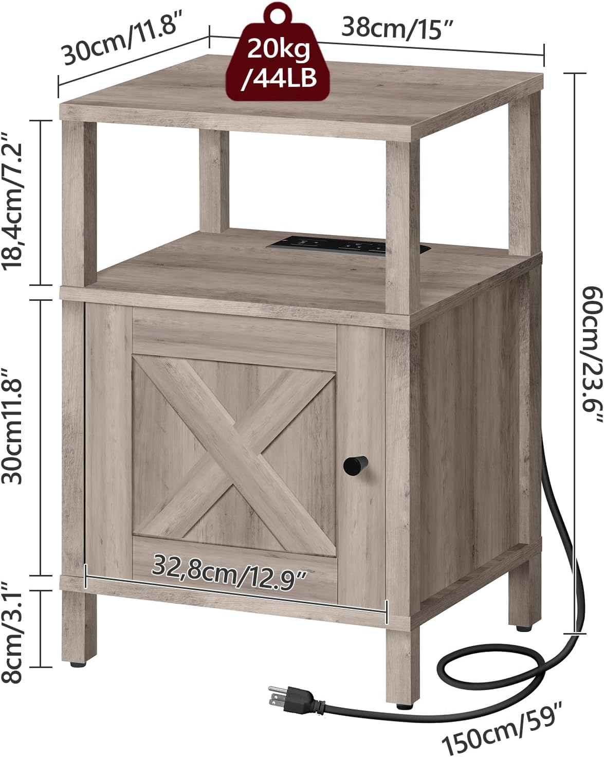 Diagram showing the dimensions of the MAHANCRIS Farmhouse Nightstand