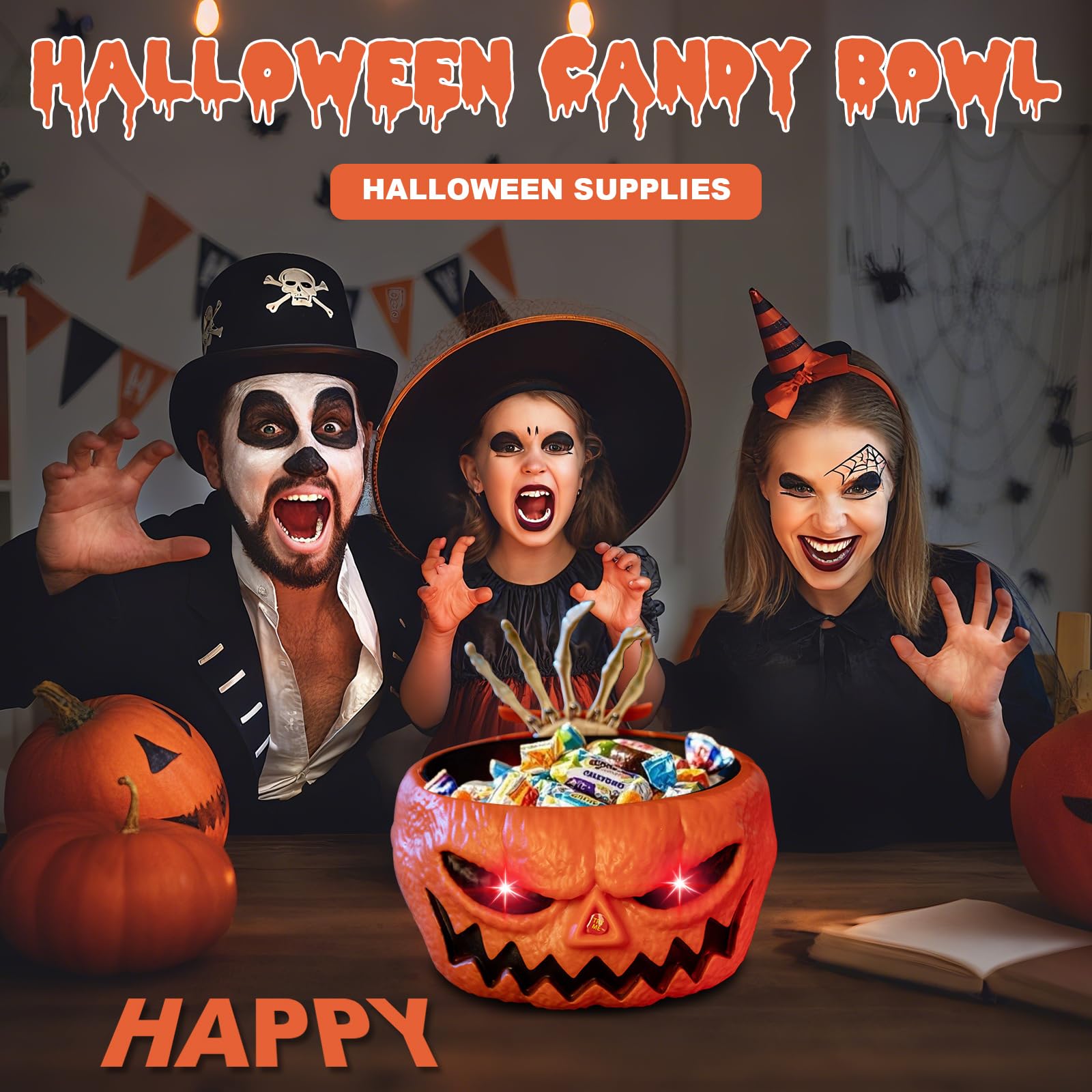 Qivine Luminosa de Tazón de Dulces de Halloween, Cuenco de Plato de Dulces con Cubiertos de Manos Esqueleto, Esqueleto Animado de Decoração Halloween con Sonido