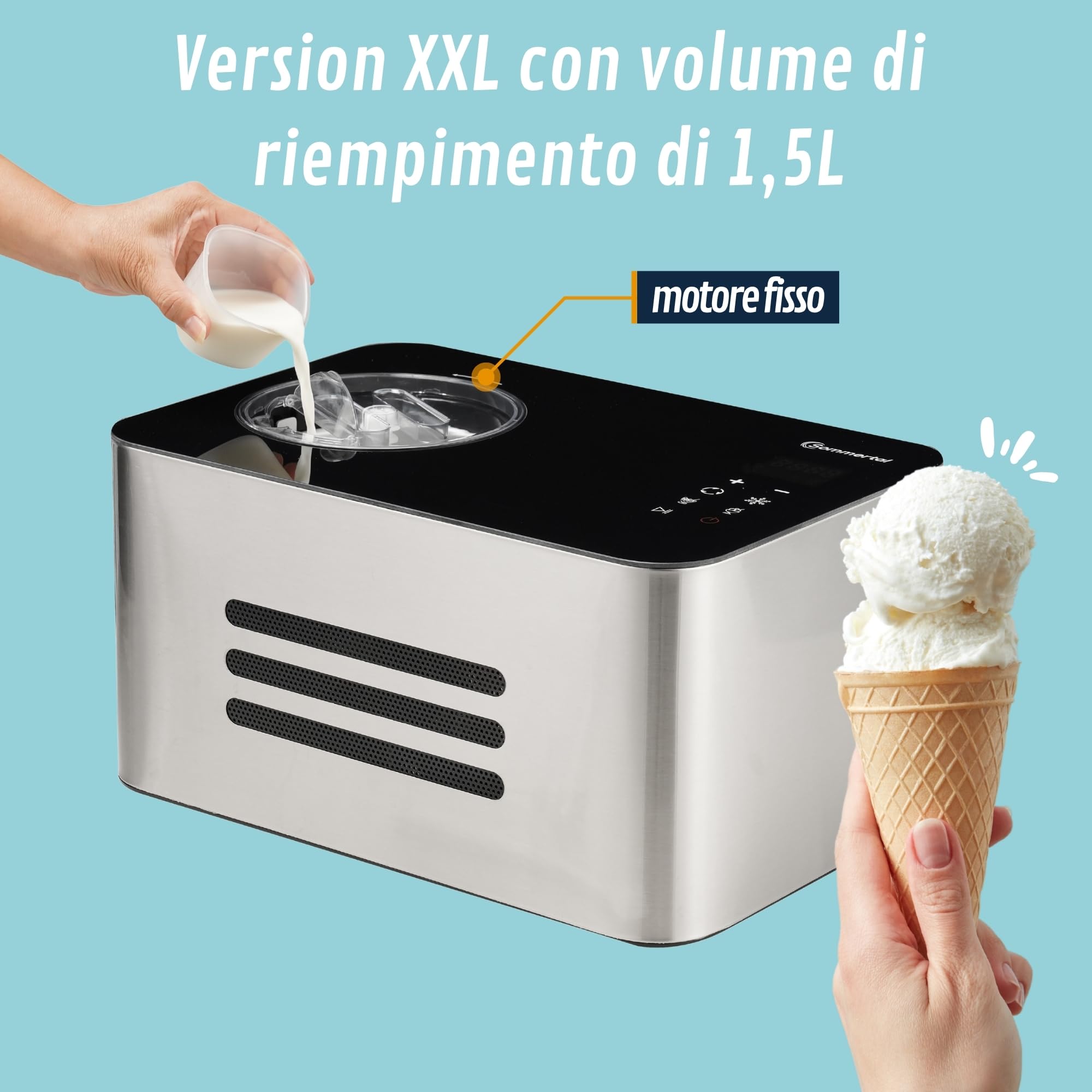 Sommertal ICE1500 - Macchina per gelato 3 in 1, yogurt gelato e sorbetto, macchina per gelato in acciaio inox con funzione di mantenimento del freddo, 1,5 l, 150 W con compressore