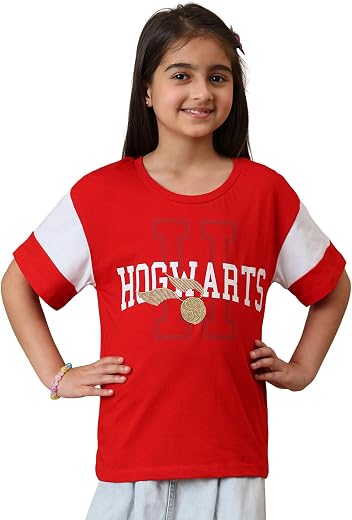 Kidsville Official Harry Potter Golden Snitch Embroidery Printed Relaxed Fit Cotton Tshirt for Girls