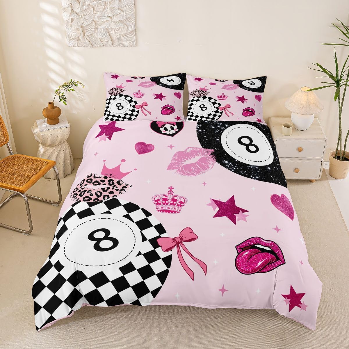 jejeloiu Lucky 8 Ball Duvet Cover Toddler Size Y2K Leopard Print Bedding Set Breathable Soft Lips Stars Bows Print Comforter Cover 2Pcs Pink Bedroom Decor No Comforter Microfiber Zipper Closure