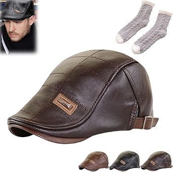 2023 Trendy Leather Beret, Men Adjustable Pu Leather Ivy Cap Newsboy Hat Fishing, Fashion Warm Hat Dark Coffee