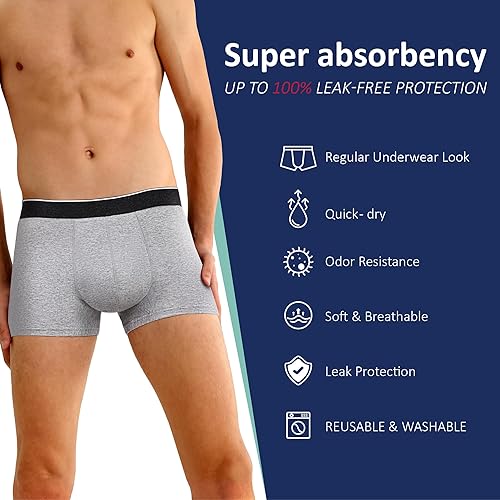 Miniatura 3 de Ropa interior lavable para incontinencia urinaria para hombre, absorbente frontal, a prueba de fugas, para control de vejiga, paquete de 2, Gris
