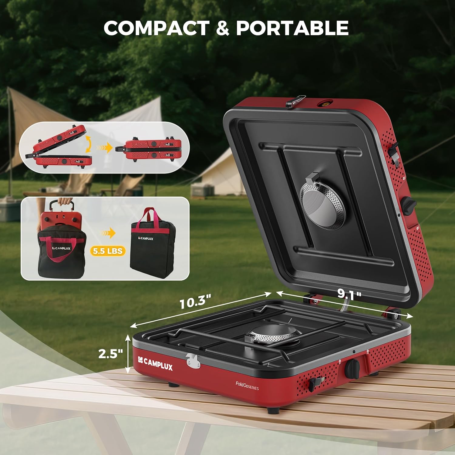 CAMPLUX FoldGo 2 Burner Portable Camping Stove 17,200 BTU, Foldable Propane Stove for Outdoor Cooking with Carry Bag, Portable Gas Stove with 2 Adjustable Burners, Red