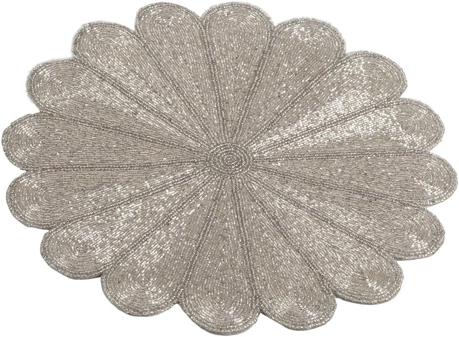 Fennco Styles Flower Design Handmade Beaded 15-inch Round Placemat, 1-Piece - Pewter Elegant Table Mat for Banquets, Family Gathering, Special Events and Home Décor