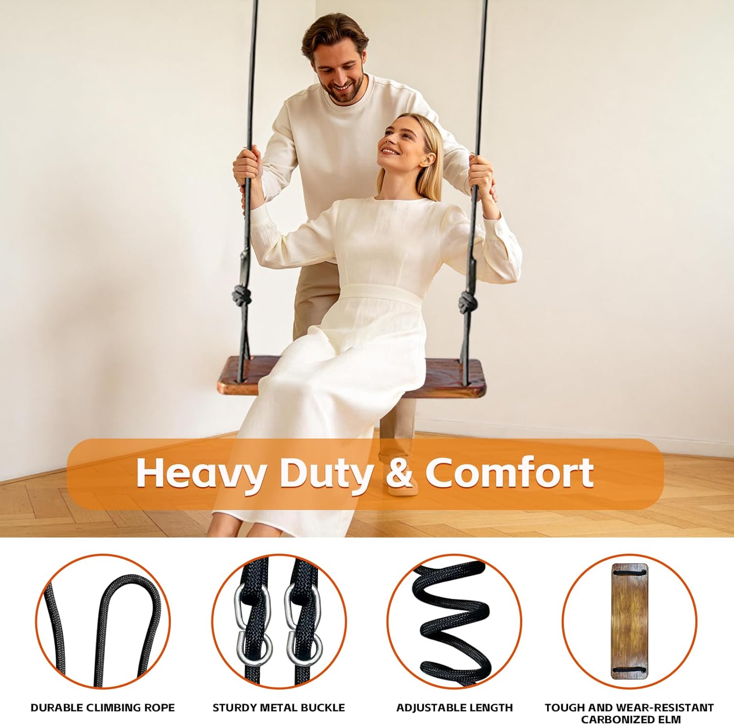 Wooden Tree Swing， Heavy Duty 500lbs Capacity Kids and Adults，Adjustable Climbing Rope Plus Tree Straps, 24"x 8"x 1.2" Wooden Swing Seat for Backyard & Indoor
