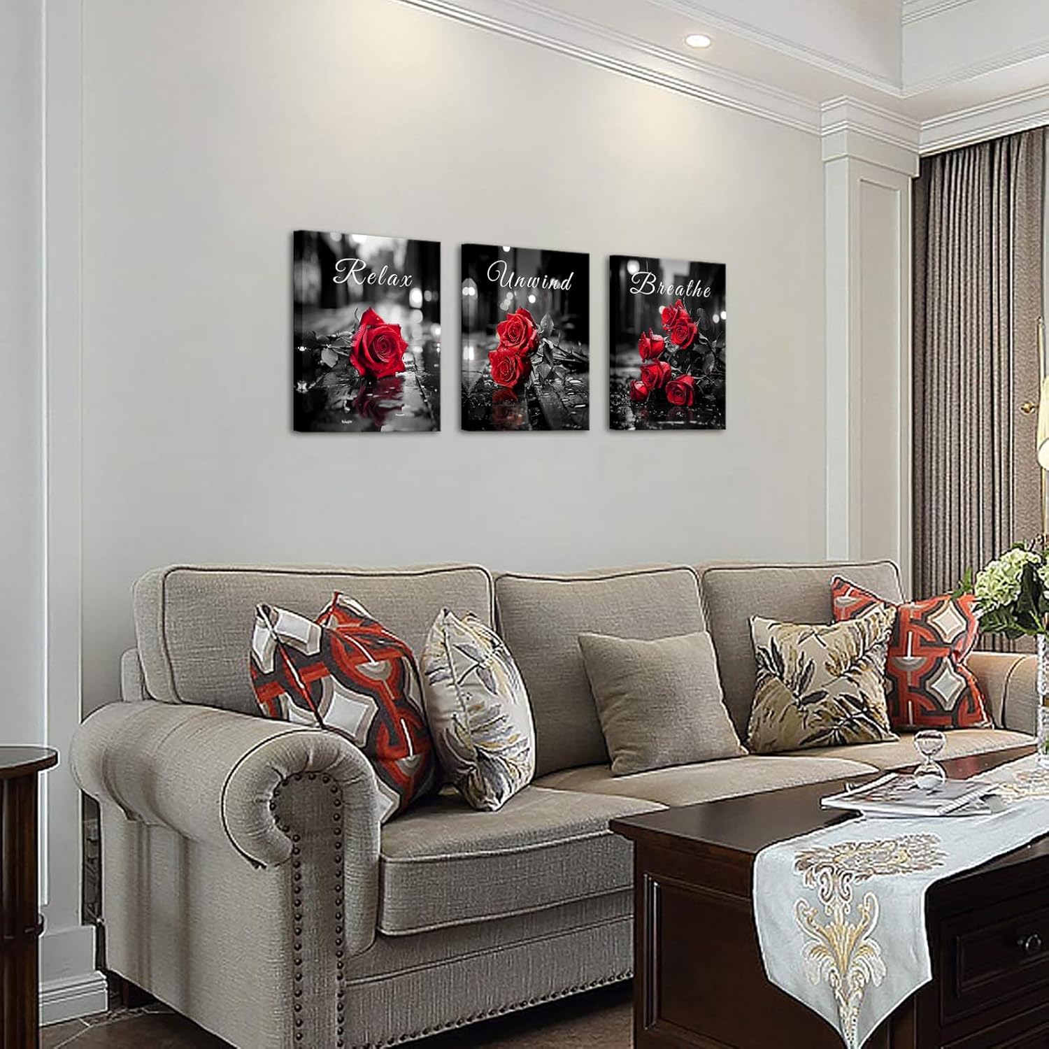 Saypeacher Red Rose Wall Art Relax Breathe Unwind Home Decor Black And Red Pictures Prints for Bathroom Bedroom 12x16inchesx3pcs