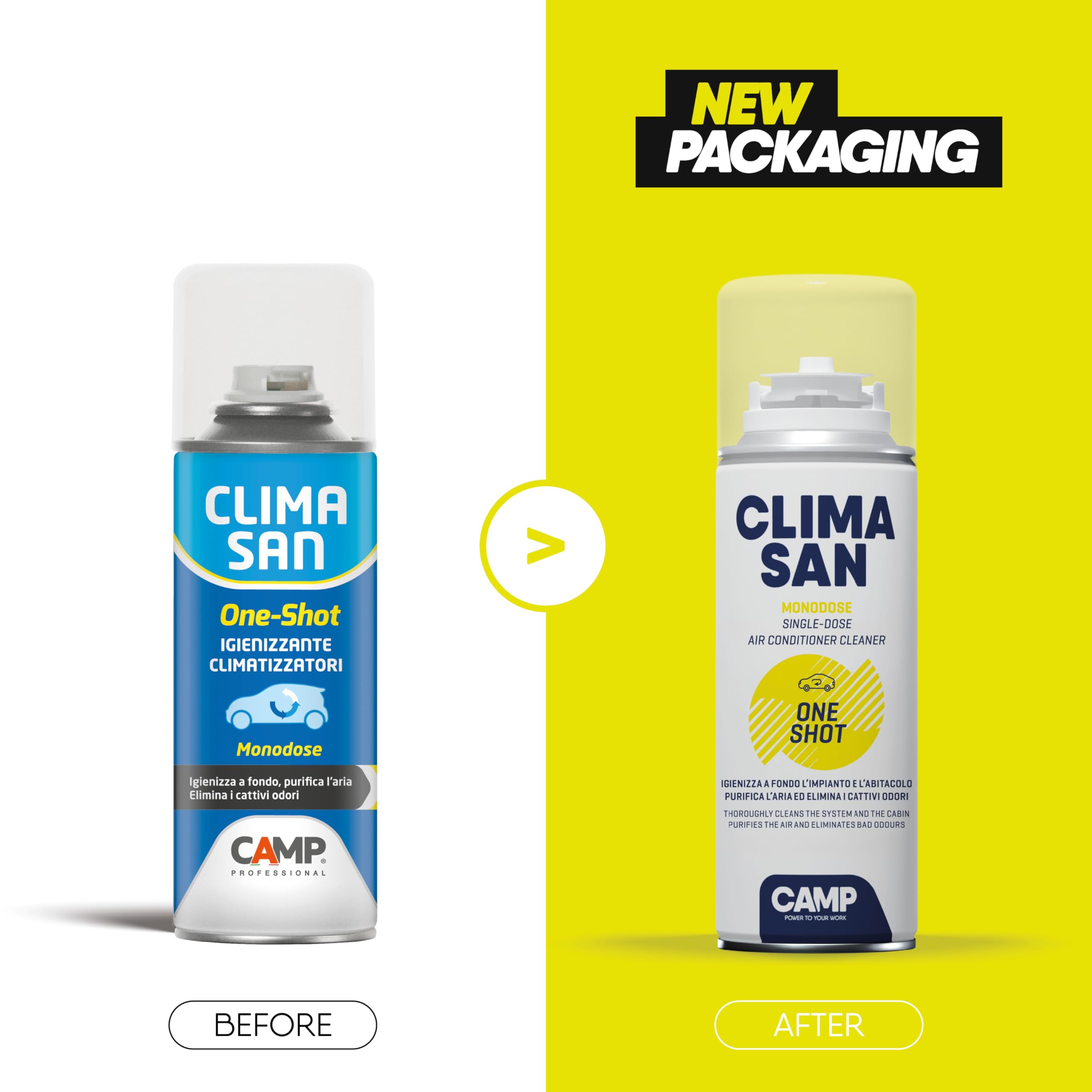 CAMP Climasan One Shot Spray - Igienizzante Climatizzatore e Abitacolo Auto Monodose, Spray Pulizia Condizionatore ad Azione Purificante - Ideale per Rimuovere Germi e Batteri - Made in Italy, 6x200ml