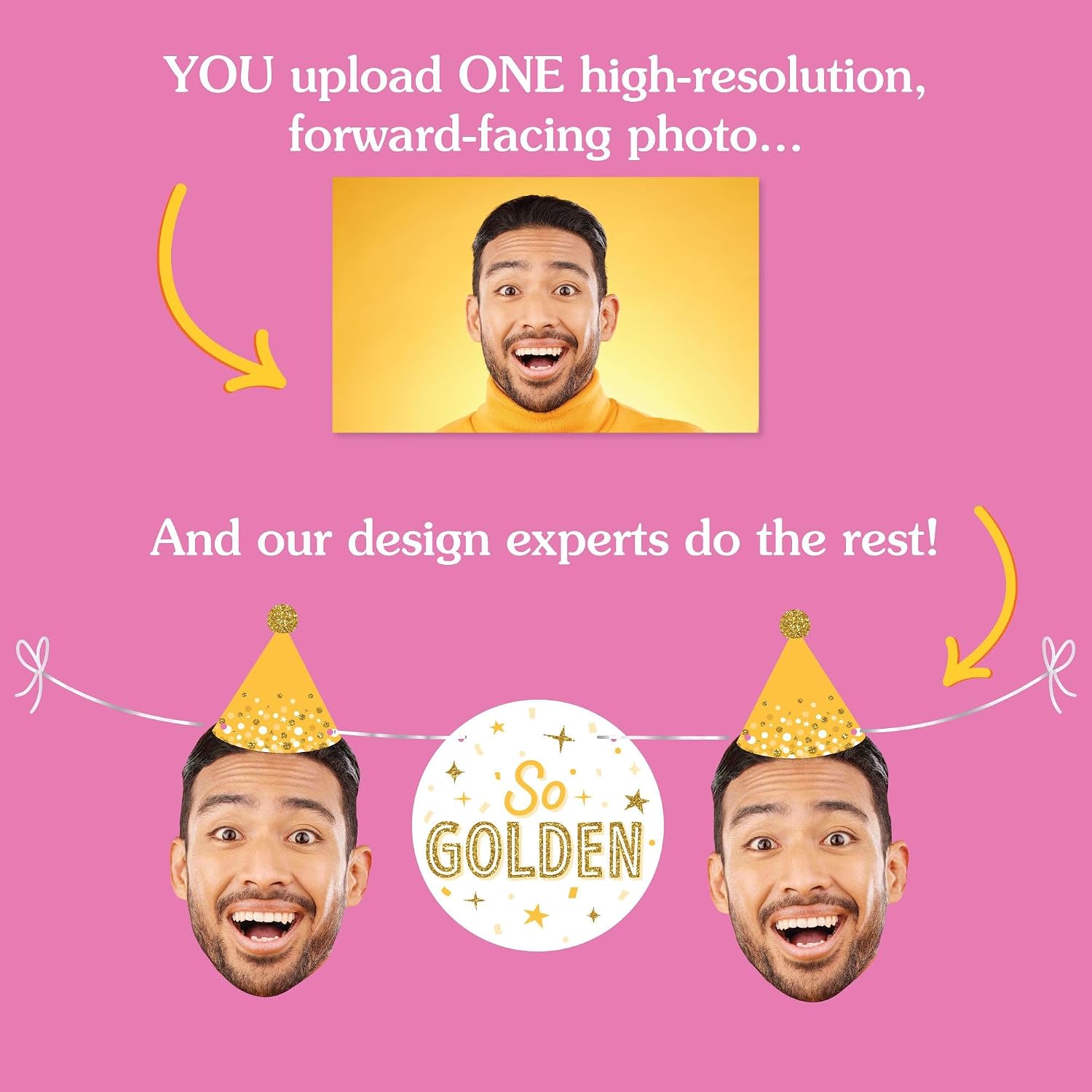 Big Dot of Happiness Custom Golden Birthday Face Cut Out Garland Banner, Personalized Yellow Birthday Party Decor, 30 Feet of Cord, 5 Photo Face Cutouts, 5 So Golden Circles