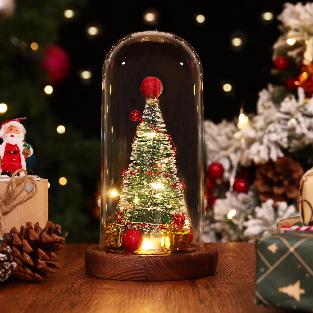 LEDライト付き赤いバラとクリスマスツリーの装飾 Amazon｜クリスマスツリー ガラスドーム Lewondr ドームポット