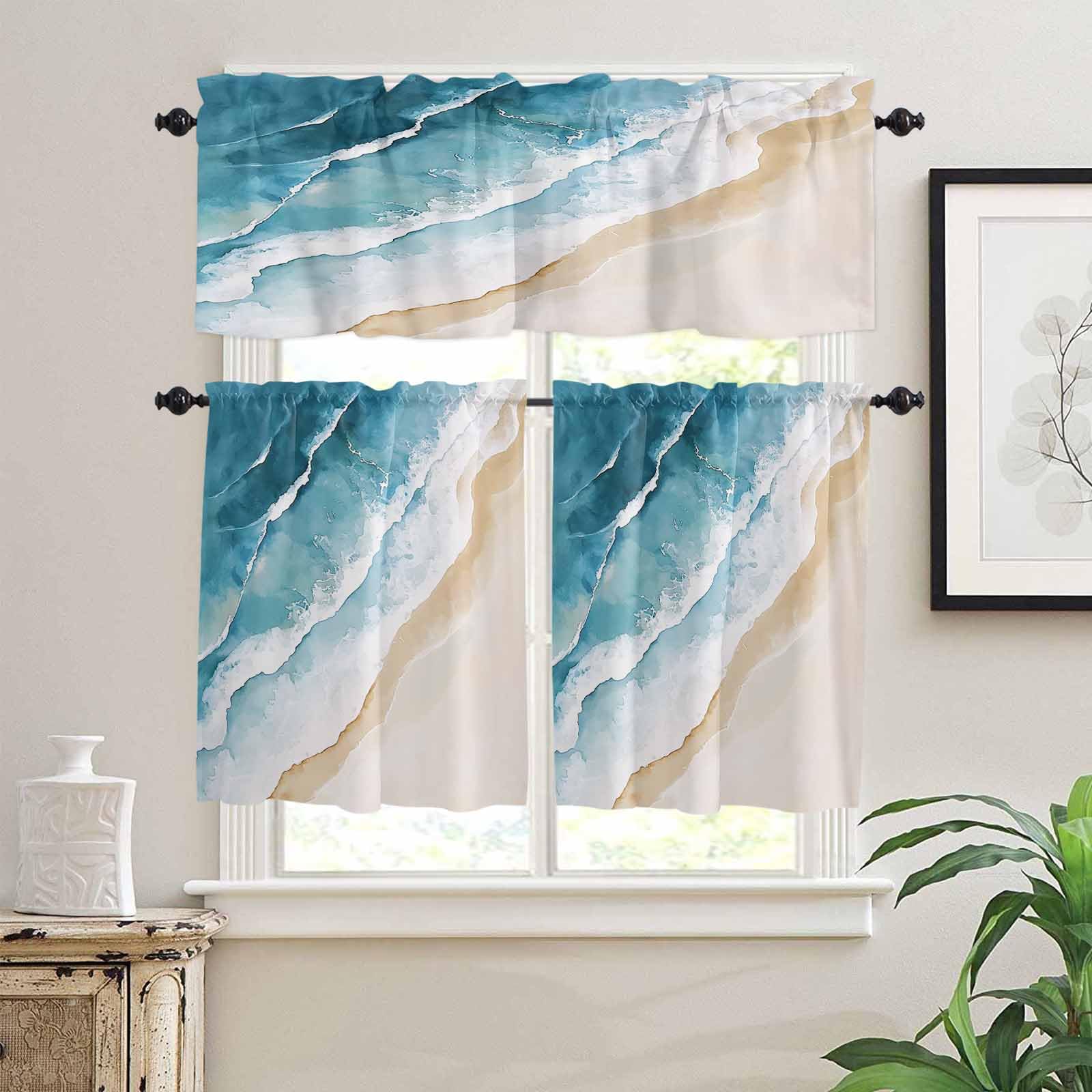Blue Teal Beach Coastal Kitchen Curtains 24 Inch Length,3 Piece Rod Pocket Small Half Tiers and Valance Set,Summer Nautical Seaside Ocean Small Large Window Treatment Decor for Bedroom/Bathroom Sink