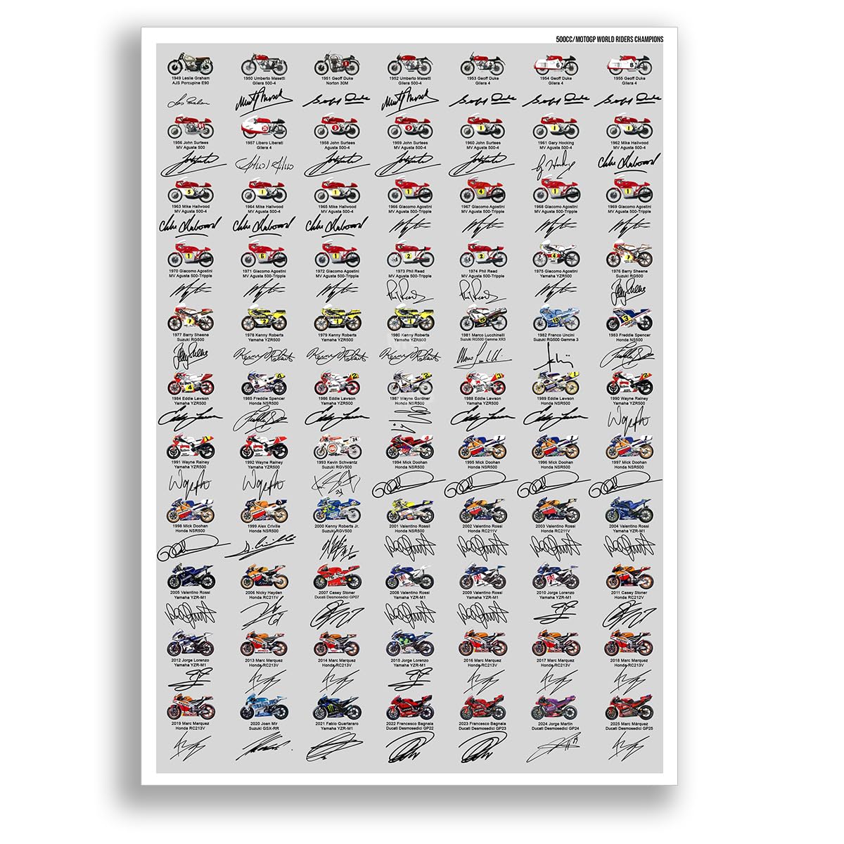 Mounted Gifts Trading MotoGP All World Champions Winners Riders 1949-2024 season signed poster print picture photo autograph gift 500CC Valentino Rossi Marc Marquez Mike Hailwood (A3 poster only)