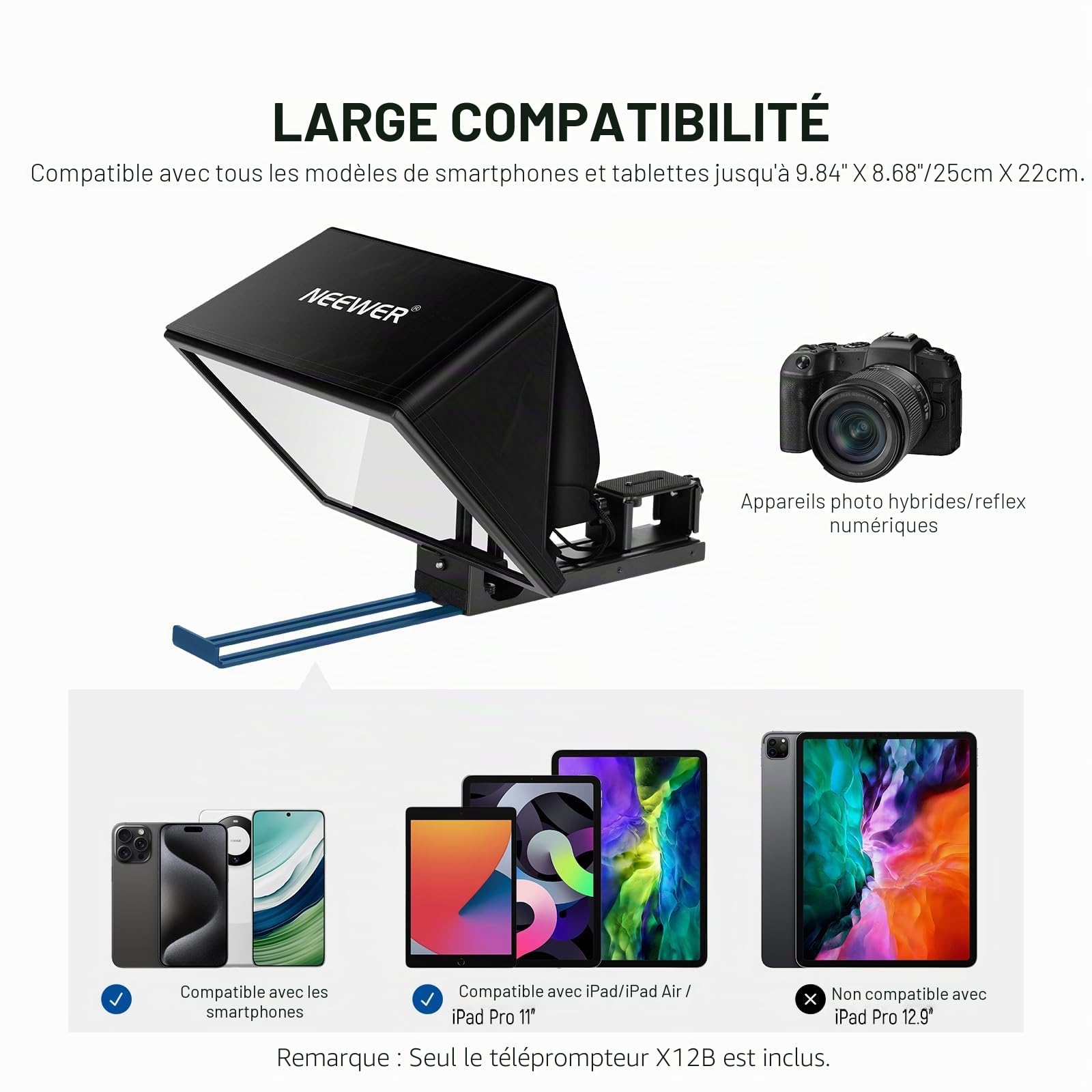 NEEWER BASICS X12B Téléprompteur Relevable en Alliage d'Alum 12" pour iPad, Tablette Téléphone DSLR, Non Assemblage, Contrôle App, Compatible avec iOS Android, Pro pour Enseignement et Flux en Direct