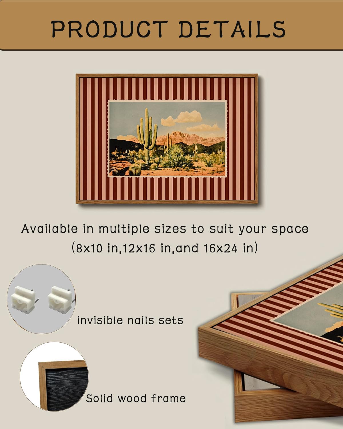 ZZLWBKGL Vintage Western Cactus Framed Wall Art Southwestern Desert Canvas Wall Art Mid Century Nature Striped Pictures Wall Decor Boho Landscape Art Prints for Living Room Bedroom Study