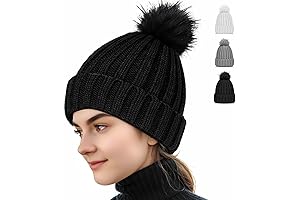 Beanie for Women Men, Warm Ski Cap Hat with Faux Fur Pom Pom