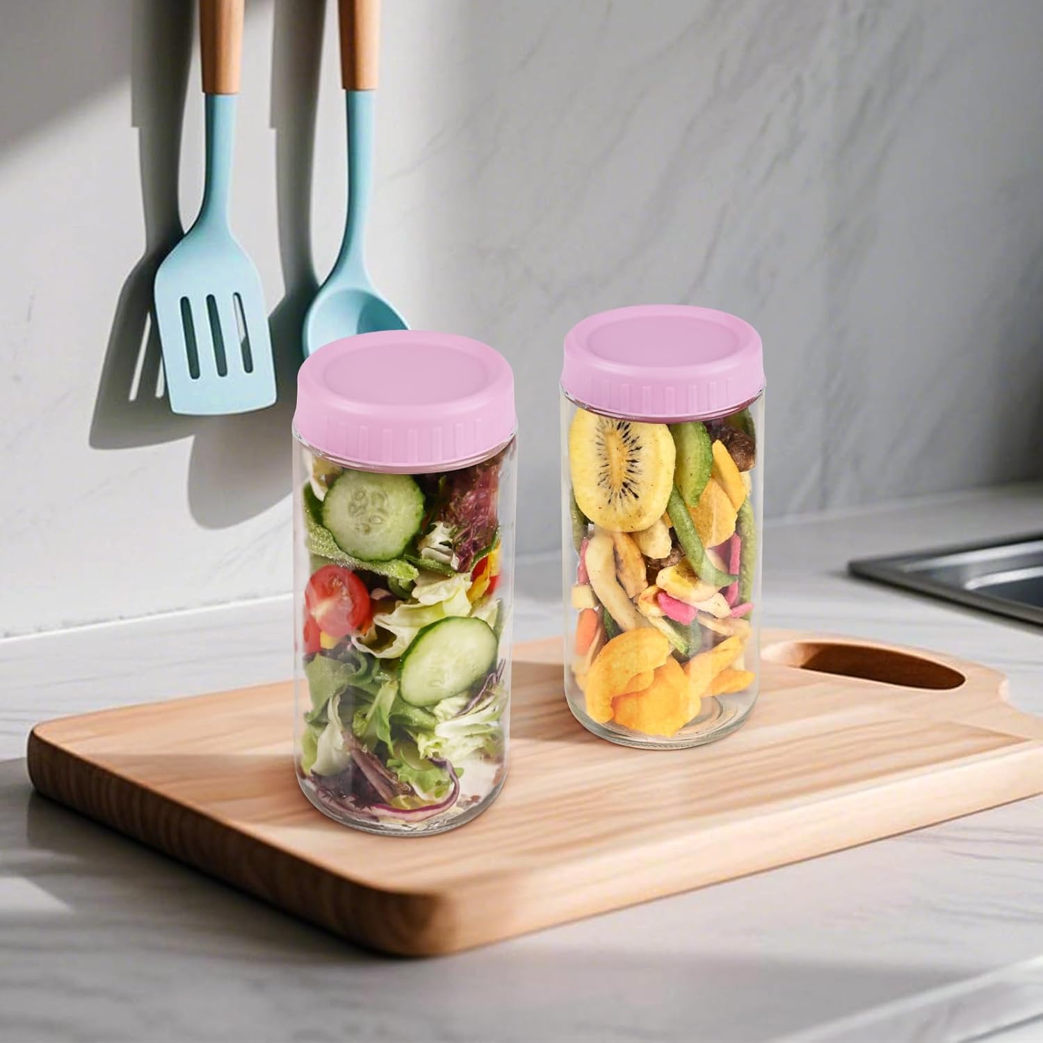 Overnight Oats Containers with Lids, 24oz Wide Mouth Mason Jars with Lids, 9 Pack Glass Jars with Airtight lid for Chia Pudding Yogurt Salad, Meal Prer Oatmeal Jars, Pink - Image 6