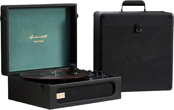Arkrocket Coryphaeus Vinyl Record Player 3-Speed Bluetooth Input and Output Built-in Speakers with Magnetic Cartridge Auto Off Black Green + Record Storage Case
