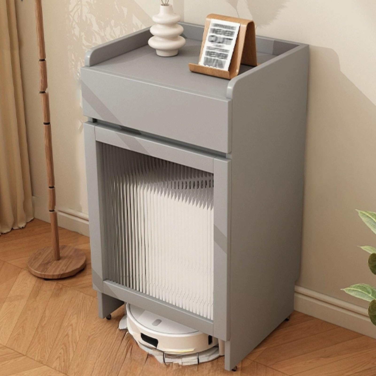 Support d'aspirateur dissimulé avec porte en verre pour cacher le robot au salon