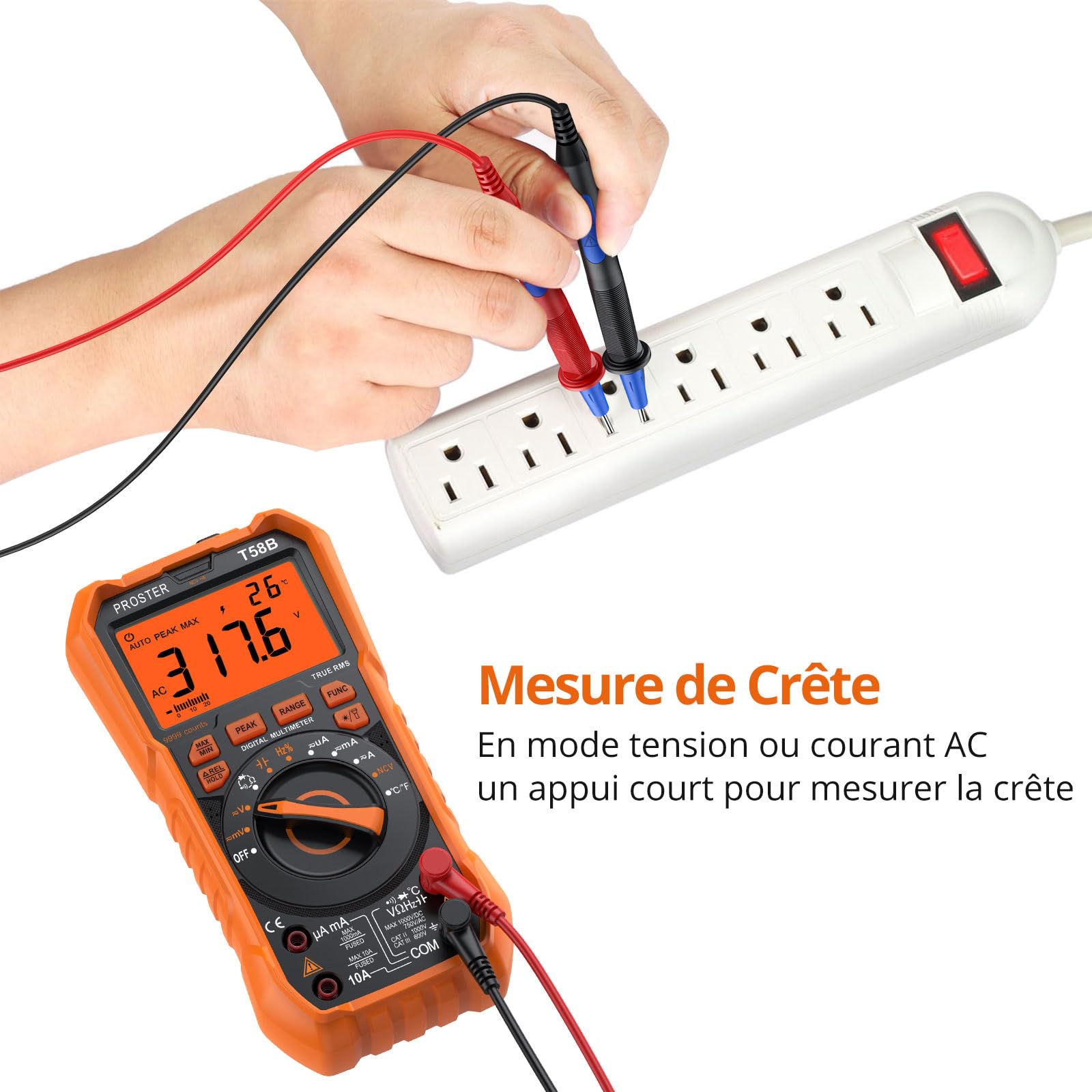 Proster Multimètre Numérique 9999 Comptes TRMS Auto-Range NCV – Testeur Électrique AC/DC avec Mesure Température, Crête, Continuité, Alerte Jack et Support Magnétique