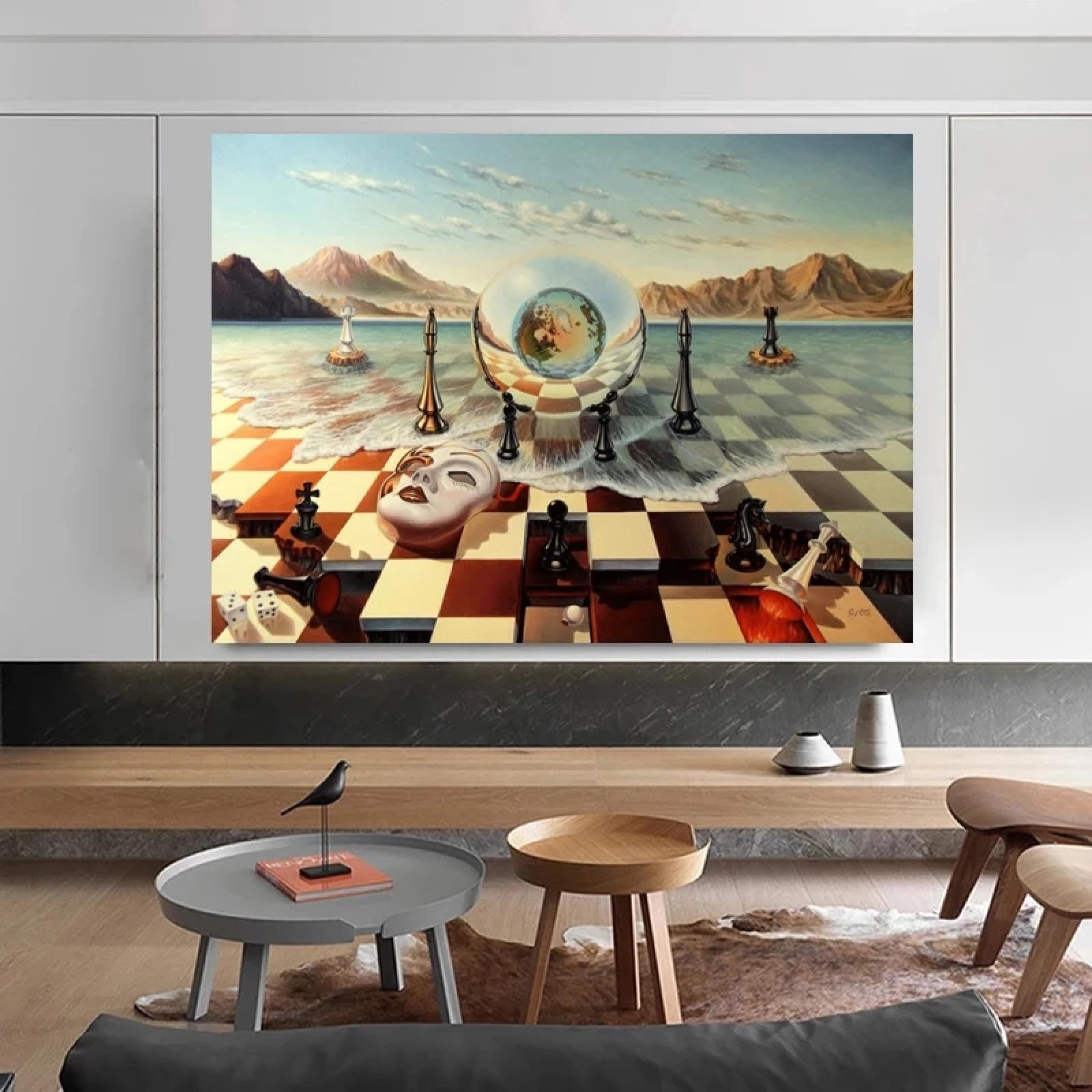 HOLEILUCK Salvador Dali Peinture sur toile abstraite bizarre surréalisme Masque d'échecs sur la mer Affiche et impressions Décoration de chambre esthétique 90 x 130 cm avec cadre noir