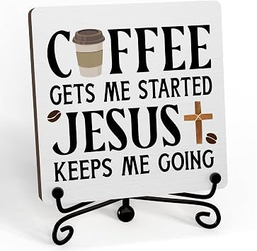 Coffee Wooden Sign With Metal Stand, Coffee Gets Started Jesus Keeps Me Going Desktop Decoration, Inspirational Christian Gifts for Coffee Lovers, Coffee Decor For Farmhouse Home Office -04