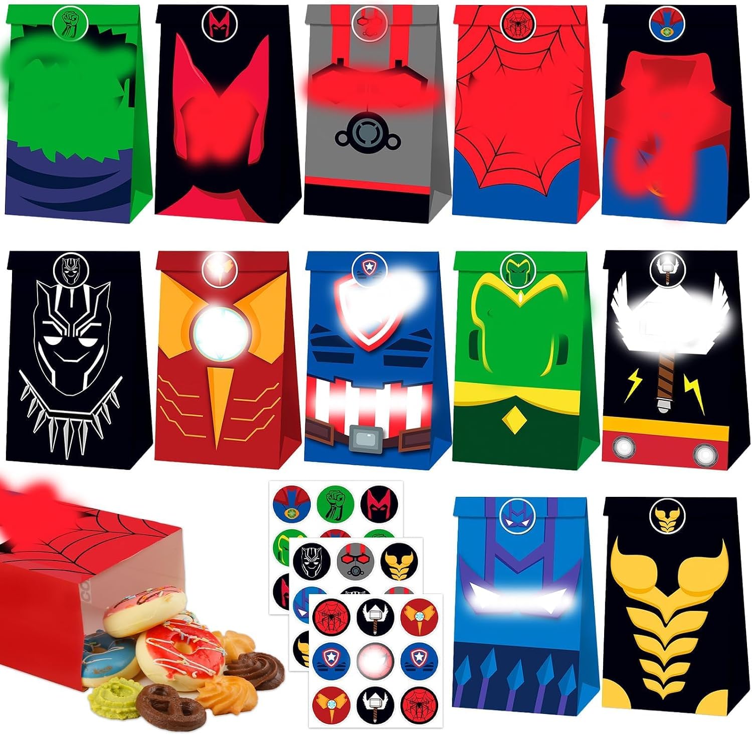 Super Gift Bags Boys 12 Pieces Hero Paper Bags 18 Stickers Children's Party Gift Bag Party Bag Children's Birthday Candy Bar Candy Bags Gifts Giveaways Party Bags Supplies