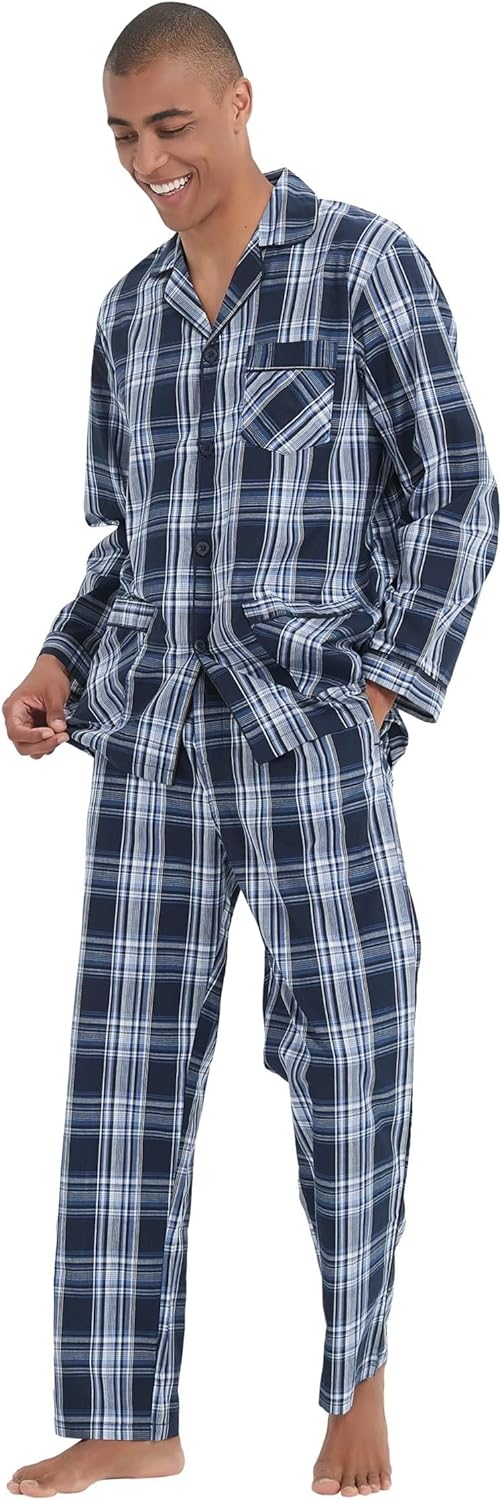 Men Cotton Pajama Set For Men 2 Piceces Plaid Comfy Nightwear PJS With Pockets - Image 4