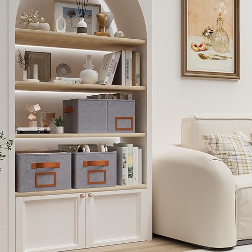 Miniatura 3 de OUTBROS Caja de almacenamiento plegable para estantes, cestas de tela de 15 x 10.2 x 7.9 pulgadas, organizador de armario con asas, adecuado para