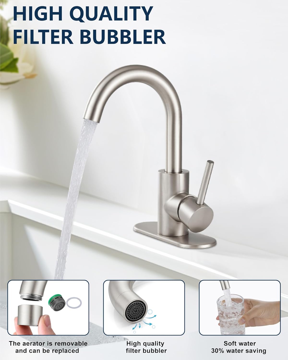 Midanya Bathroom Faucet 1 or 3 Hole Sink Single Handle,Suitable for Bar Kitchen RV Vanity,304 Stainless Steel 360° Swivel Gooseneck Spout with Deck Plate Without Drain,Brushed Nickel