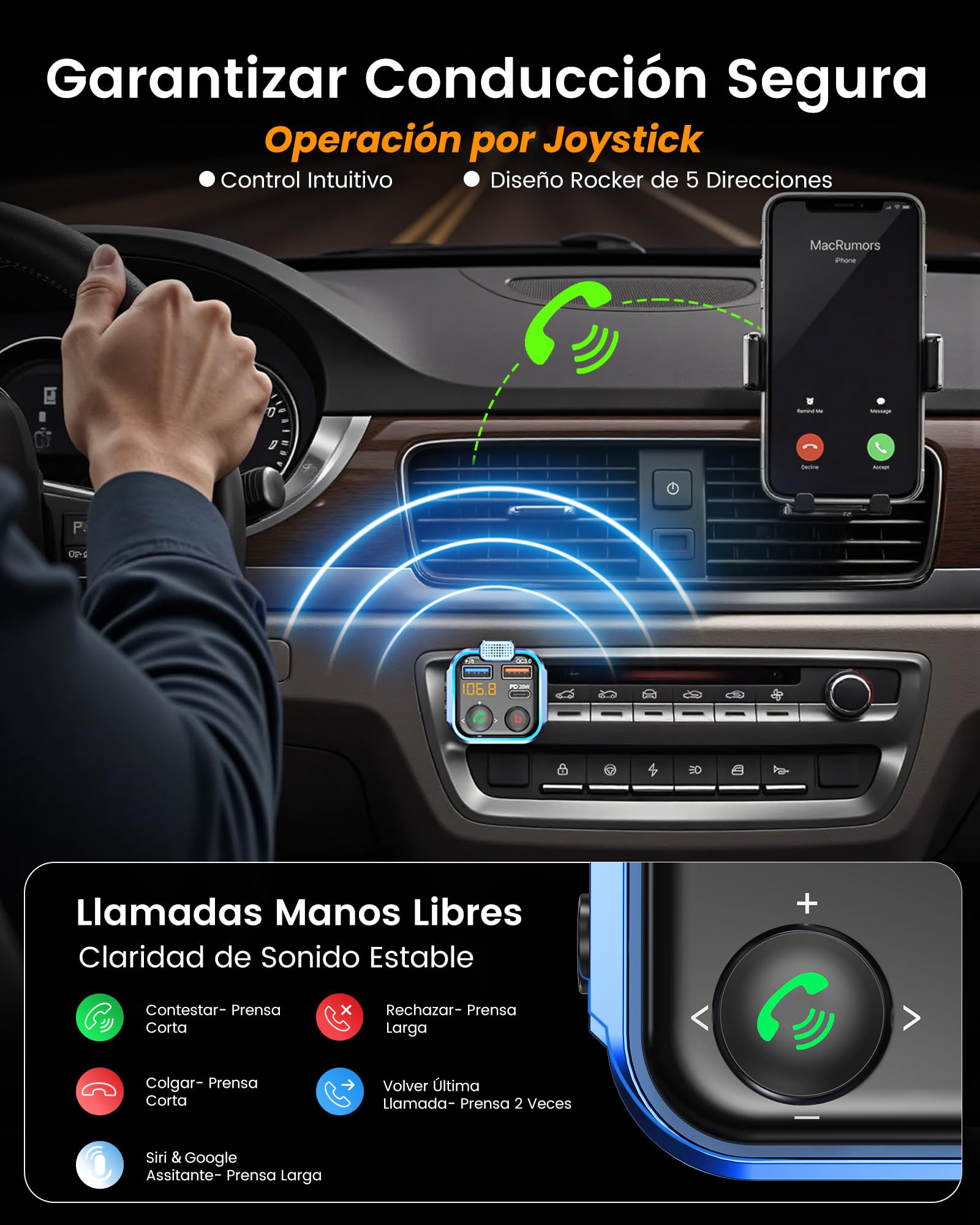 LENCENT Transmisor FM Bluetooth 5.3,Manos Libres Reproductor Música Coche, Deep Bass Sonido Hi-Fi, Adaptador Radio Bluetooth 2 USB+Tipo C 20W Carga Rápida, Soporte Memoria USB — view 2