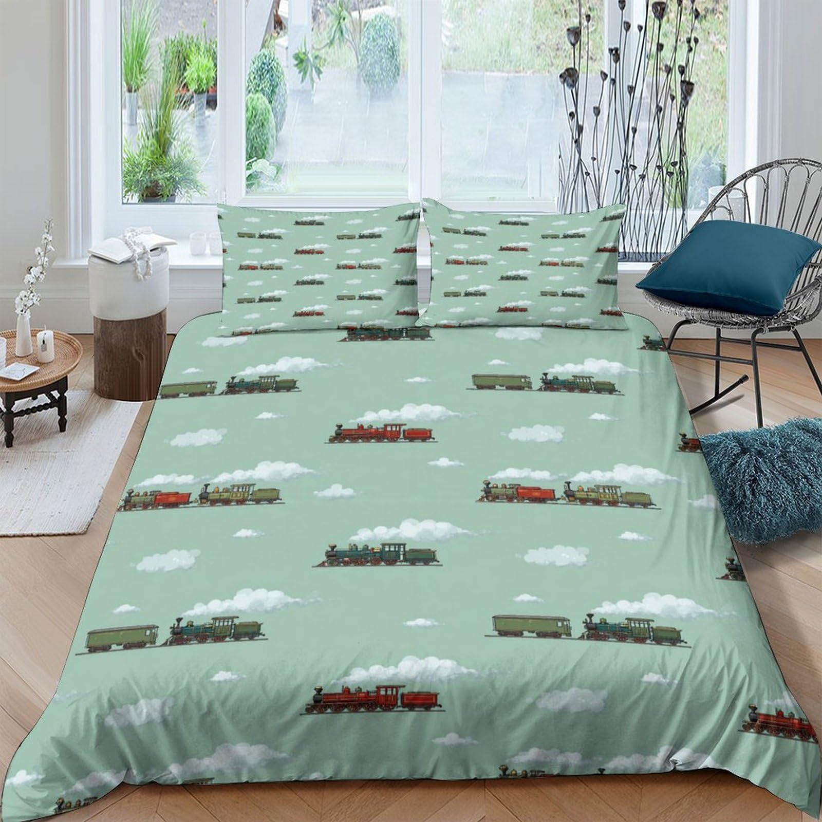 Ctjqhvkz Style-2 3D Printed Green Train Fitted Sheet Microfiber Soft Breathable Railway Scene Mattress Cover Bedroom Decor Single（135X200cm）