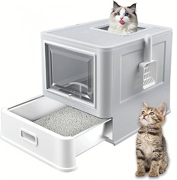 Homegroove Stainless Steel Cat Litter Box with Drawer, XL Foldable Enclosed Kitten Litter Box with Lid for Indoor Cats, Metal Covered Cat Litter Pan with Litter Scoop Gray