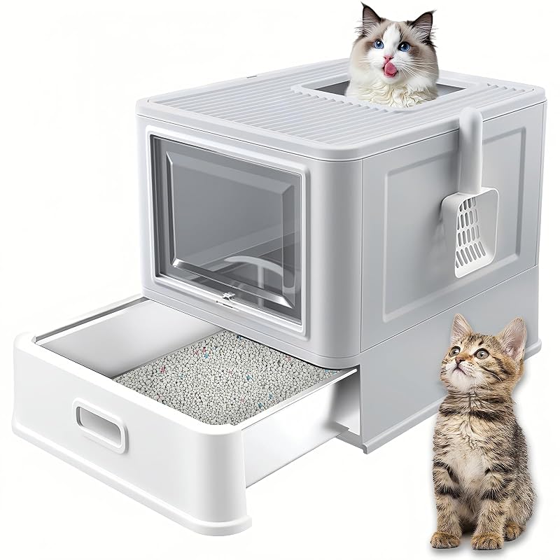 Caixa de areia para gatos com tampa e gaveta em aço inoxidável homegroove, Grande, Cinza