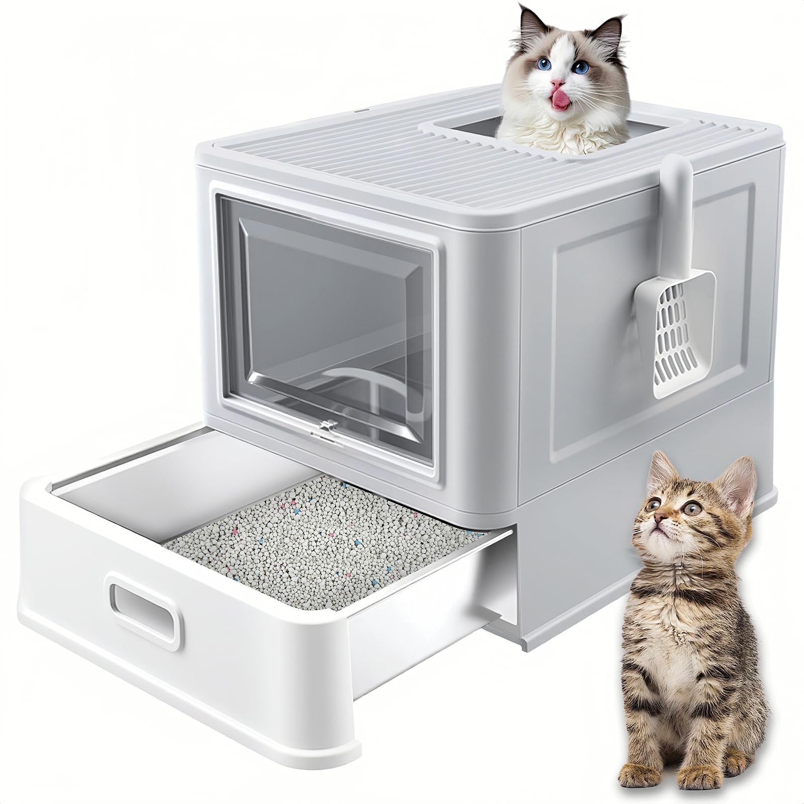 Homegroove Stainless Steel Cat Litter Box with Drawer, XL Foldable Enclosed Kitten Litter Box with Lid for Indoor Cats, Metal Covered Cat Litter Pan with Litter Scoop (Gray)
