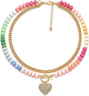 Colorful Beaded Layered Necklace for Women, 14K Gold Plated Heart Pendant