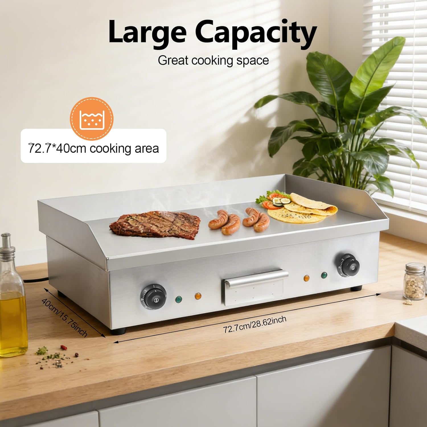 Commercial Electric Griddle, 110V 3000W Flat Top Grill Hot Plate BBQ, 29 Inch Large Non-Stick Stainless Steel Teppanyaki Griddle Countertop Griddle for Home & Restaurant