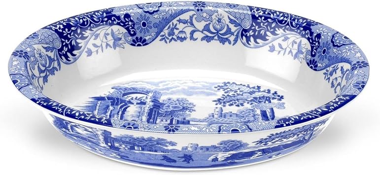 Spode Blue Italian Oval Rim Platter - 12.5" x 8.75" Porcelain Serving Platter with Intricate Scroll Border & Countryside Scene - Elegant Tableware for Entertaining, Dining Displays, Gifting