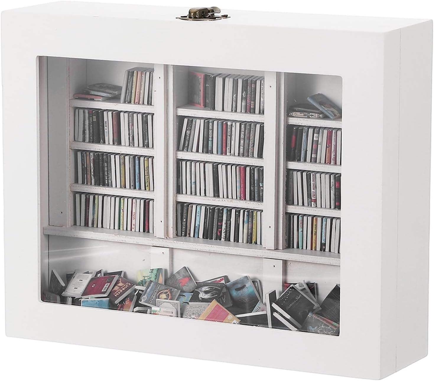 PATIKIL Anxiety Bookshelf, Wood Mini Bookshelf Shake Away Your Anxiety Tiny Book Shelf Miniature Book Library with 300 Mini Books for Book Lovers Home Room Office Decor, White