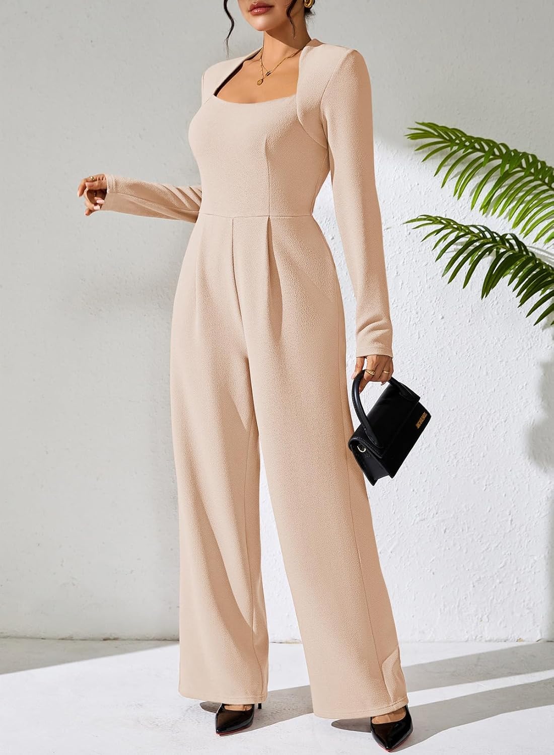 Pink Queen Jumpsuits for Women Dressy Scoop Neck Long Sleeve Wide Leg Romper One Piece Trendy Outfits - Image 2