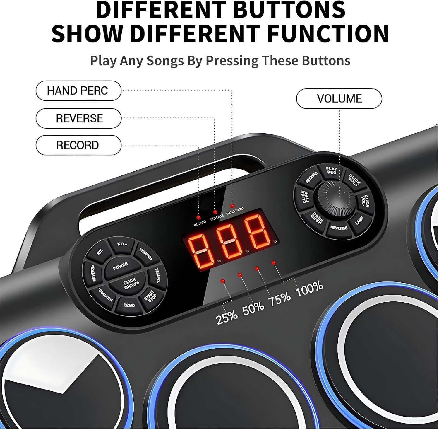 Electric Drum Set With 7 Colorful Led Light Patterns,Enhanced Rebound Feel Electronic Kit Featuring Pads,Bluetooth Midi,And Dual Speakers,For Adult Beginners