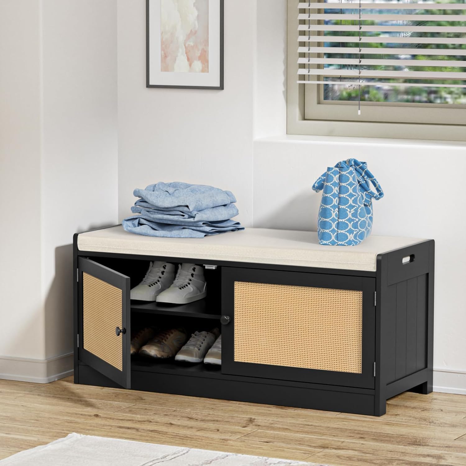 Yvsevn Banco Zapatero con Asiento con Asiento Acolchado Estantes Regulables | Madera Zapatero Entrada Recibidor , Rattan Banco para 8-12 Pares de Zapatos, para Pasillo Entrada carga 150kg 101x40 x46 cm