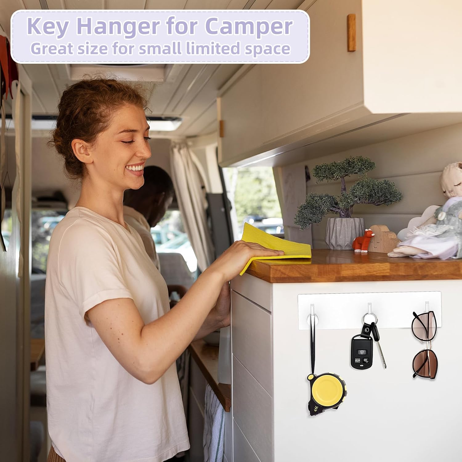 VIS'V Key Holder Wall Mount, Small Metal Self Adhesive Key Hanger with 3 Hooks, No Drilling, Extra Adhesive Strip, White